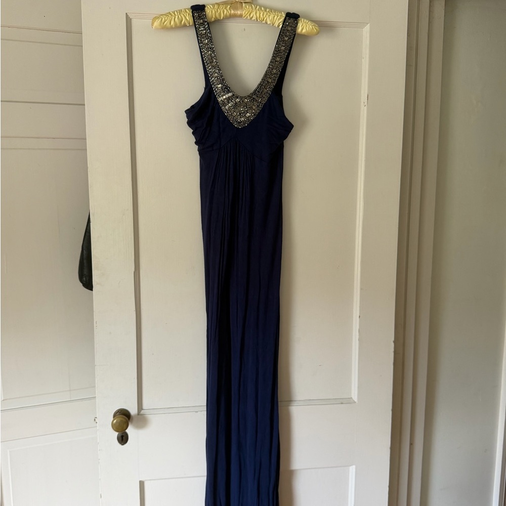 Sleeveless Navy Beaded V-Neck Maxi Dress